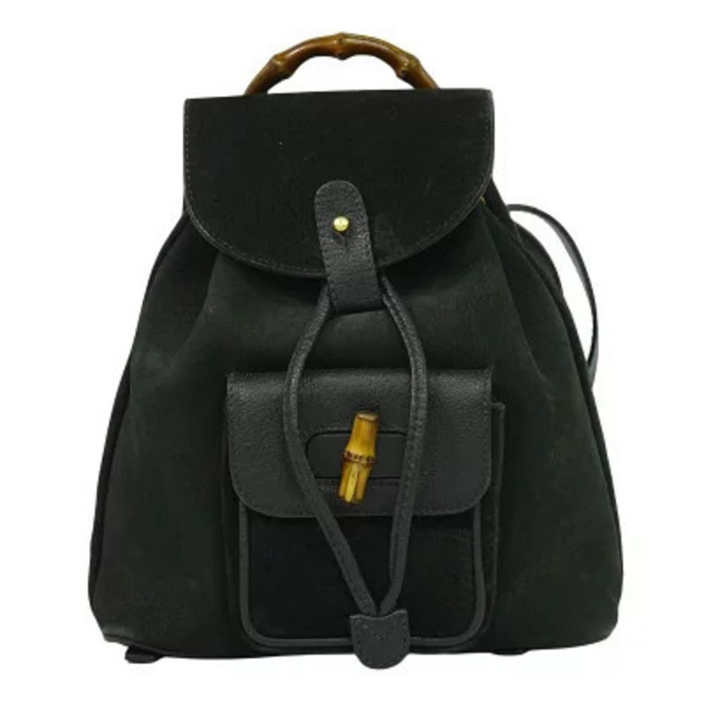 Gucci Bamboo Drawstring Backpack Rucksack Suede Leather Black